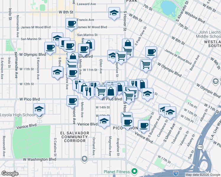 map of restaurants, bars, coffee shops, grocery stores, and more near 1223 Magnolia Avenue in Los Angeles
