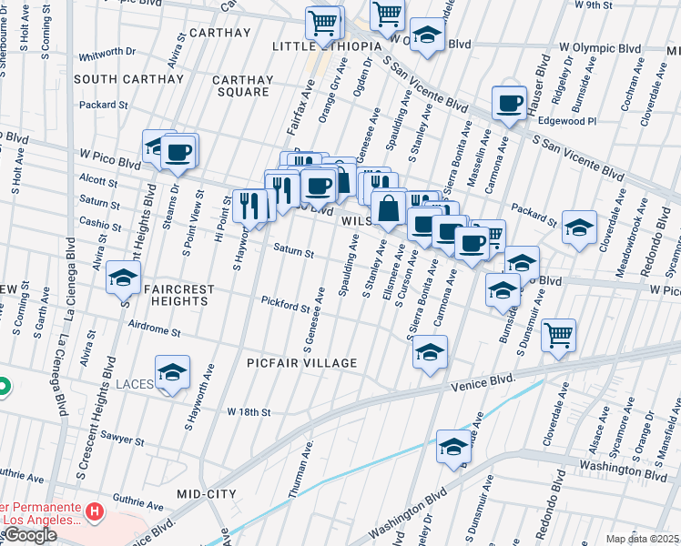 map of restaurants, bars, coffee shops, grocery stores, and more near 1515 South Spaulding Avenue in Los Angeles