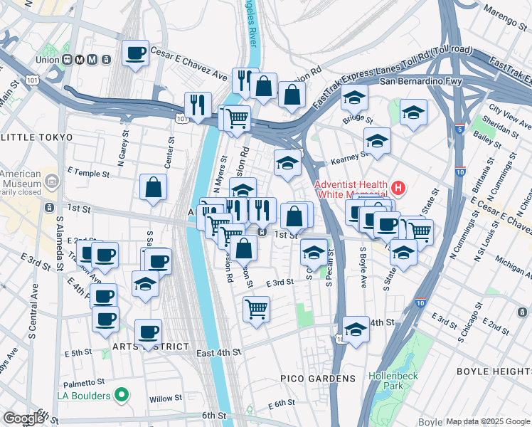 map of restaurants, bars, coffee shops, grocery stores, and more near 1300 Plaza Del Sol East in Los Angeles