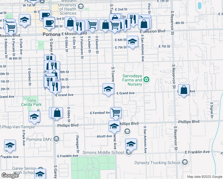 map of restaurants, bars, coffee shops, grocery stores, and more near 1295 South Towne Avenue in Pomona