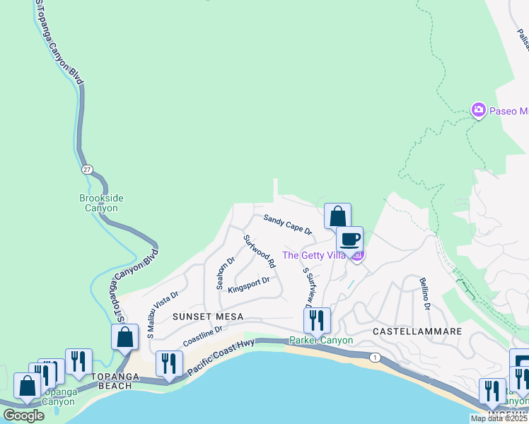 map of restaurants, bars, coffee shops, grocery stores, and more near 18111 Sandy Cape Drive in Malibu