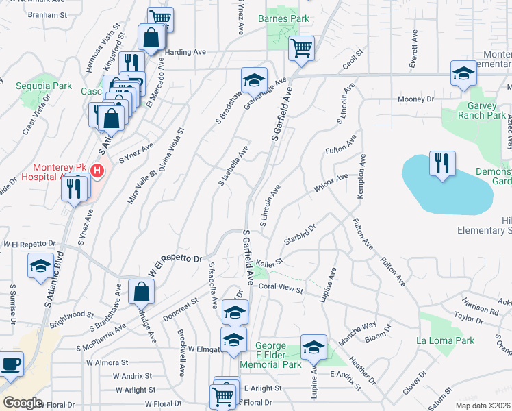 map of restaurants, bars, coffee shops, grocery stores, and more near 1110 South Garfield Avenue in Monterey Park