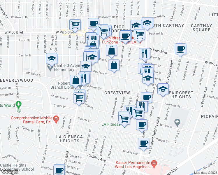 map of restaurants, bars, coffee shops, grocery stores, and more near 1651 South Bedford Street in Los Angeles