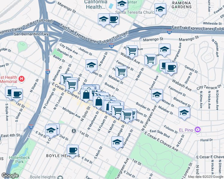 map of restaurants, bars, coffee shops, grocery stores, and more near 2448 Boulder Street in Los Angeles