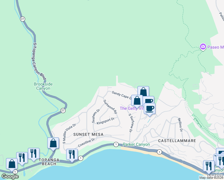 map of restaurants, bars, coffee shops, grocery stores, and more near 18111 Sandy Cape Drive in Malibu