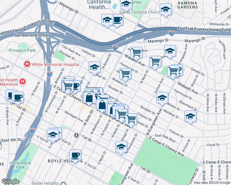 map of restaurants, bars, coffee shops, grocery stores, and more near 2448 Boulder Street in Los Angeles