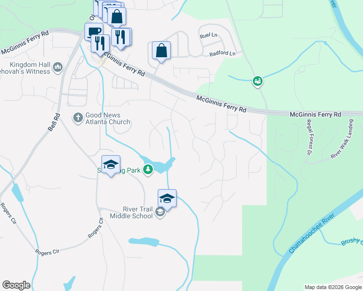 map of restaurants, bars, coffee shops, grocery stores, and more near 790 Potters Bar Lane in Suwanee