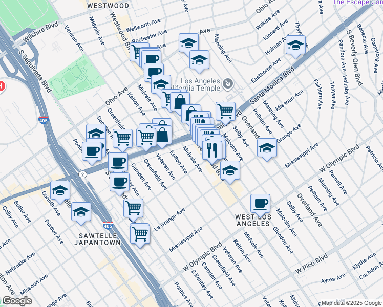 map of restaurants, bars, coffee shops, grocery stores, and more near 1844 Midvale Avenue in Los Angeles