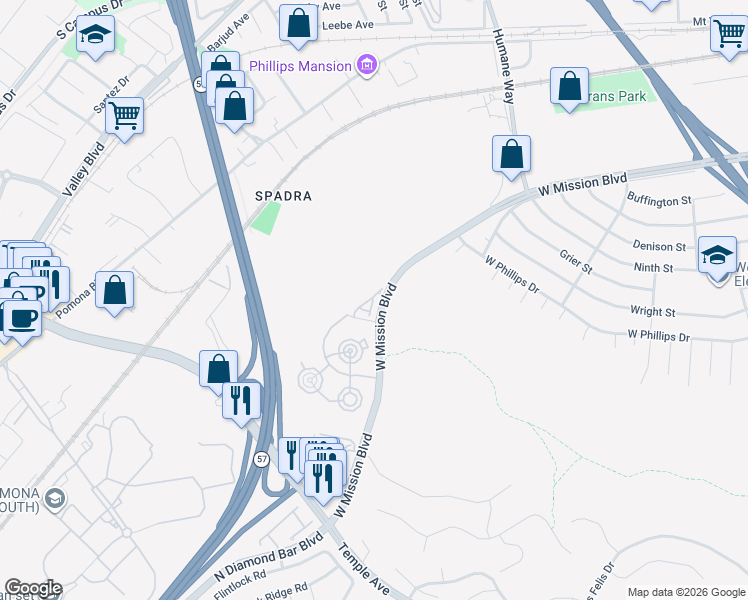 map of restaurants, bars, coffee shops, grocery stores, and more near 320 Carrione Court in Pomona