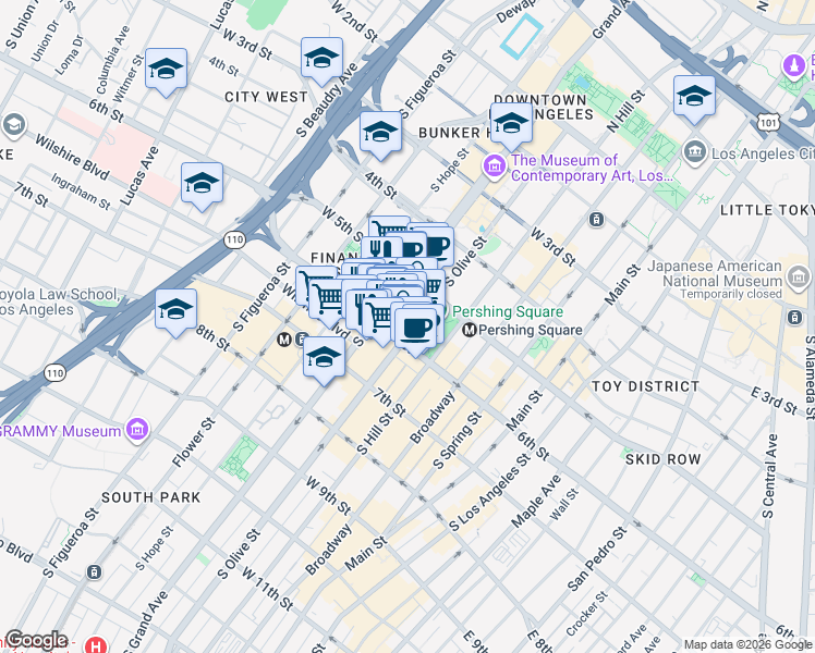 map of restaurants, bars, coffee shops, grocery stores, and more near 545 South Olive Street in Los Angeles