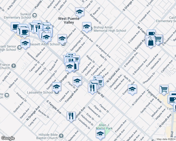 map of restaurants, bars, coffee shops, grocery stores, and more near 939 Conlon Avenue in La Puente