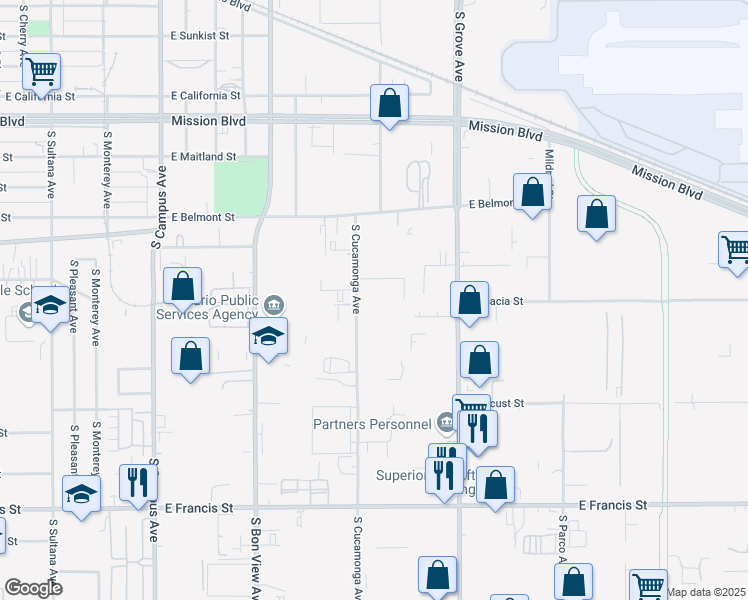 map of restaurants, bars, coffee shops, grocery stores, and more near 1383 South Cucamonga Avenue in Ontario