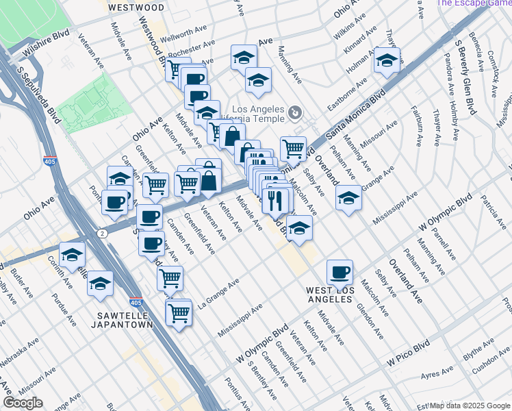 map of restaurants, bars, coffee shops, grocery stores, and more near 1844 Midvale Avenue in Los Angeles