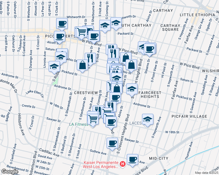 map of restaurants, bars, coffee shops, grocery stores, and more near 1620 South Garth Avenue in Los Angeles