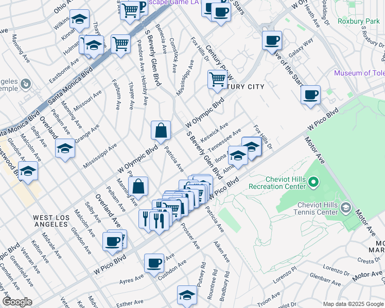 map of restaurants, bars, coffee shops, grocery stores, and more near 2256 Linnington Avenue in Los Angeles