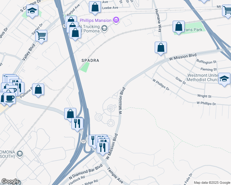 map of restaurants, bars, coffee shops, grocery stores, and more near 341 Vía Moreno in Pomona