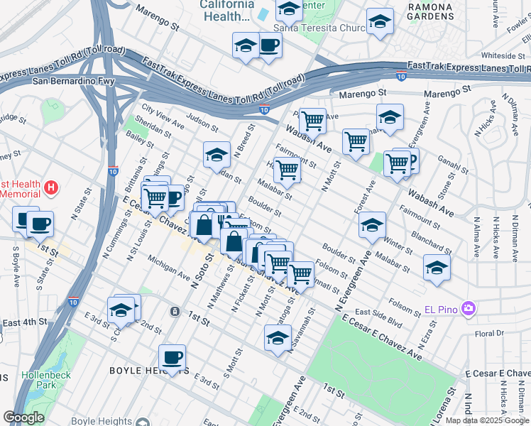 map of restaurants, bars, coffee shops, grocery stores, and more near 2451 Boulder Street in Los Angeles