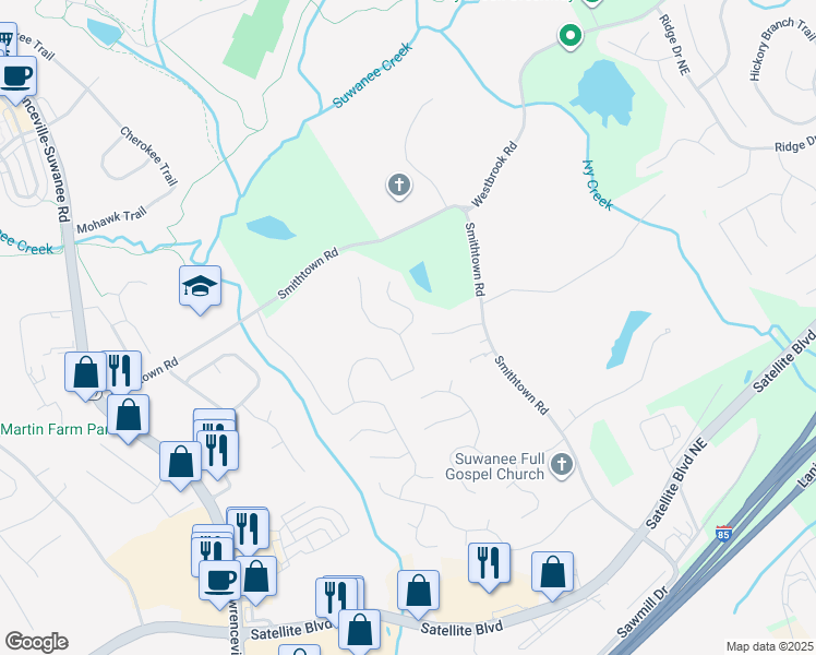 map of restaurants, bars, coffee shops, grocery stores, and more near 3507 Green Pine Way in Suwanee