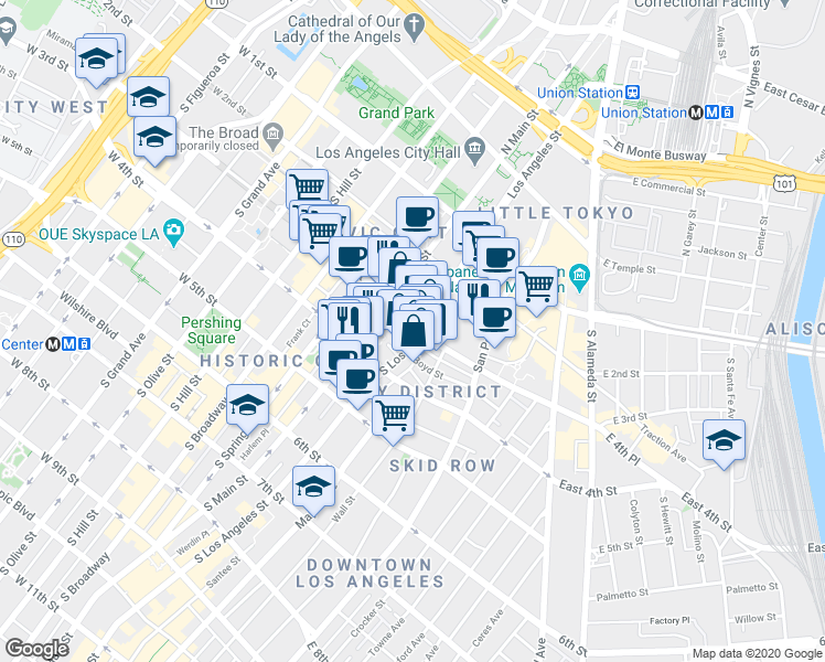 map of restaurants, bars, coffee shops, grocery stores, and more near 301 South Los Angeles Street in Los Angeles