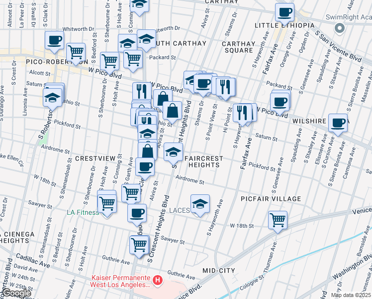 map of restaurants, bars, coffee shops, grocery stores, and more near 6001 Pickford Street in Los Angeles