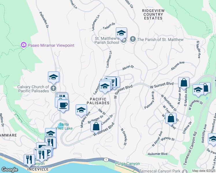 map of restaurants, bars, coffee shops, grocery stores, and more near 16649 Marquez Terrace in Los Angeles