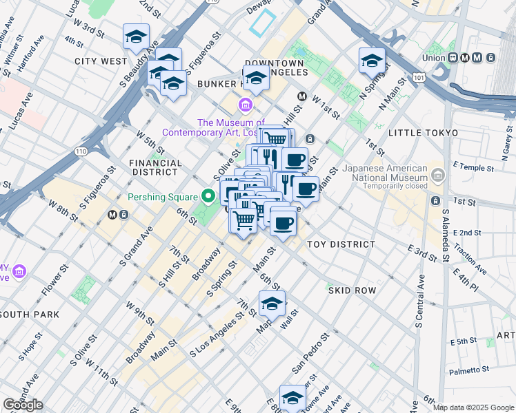 map of restaurants, bars, coffee shops, grocery stores, and more near 430 South Broadway in Los Angeles