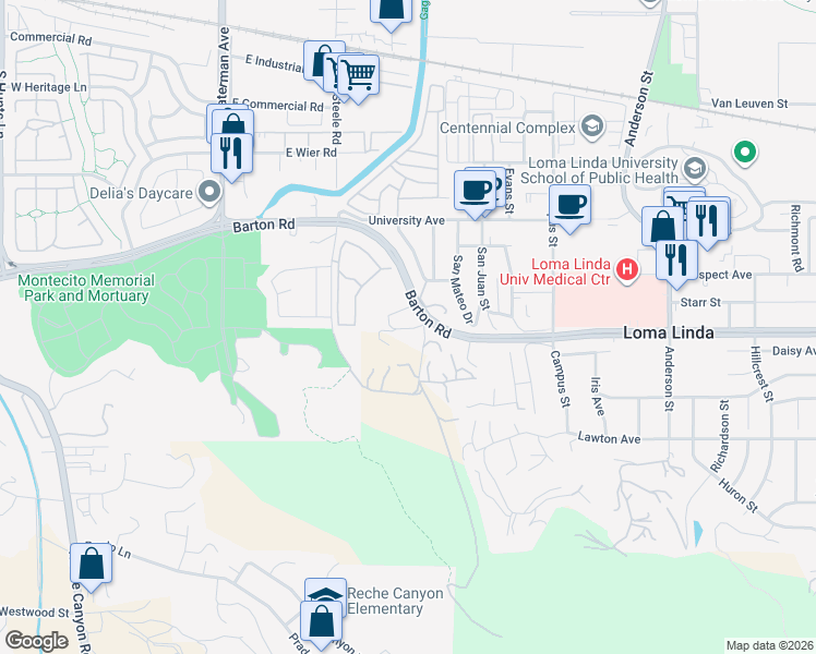 map of restaurants, bars, coffee shops, grocery stores, and more near 24459 Barton Road in Loma Linda