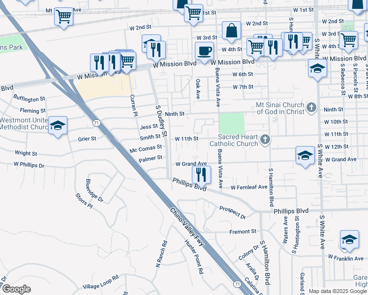 map of restaurants, bars, coffee shops, grocery stores, and more near 1450 West 11th Street in Pomona