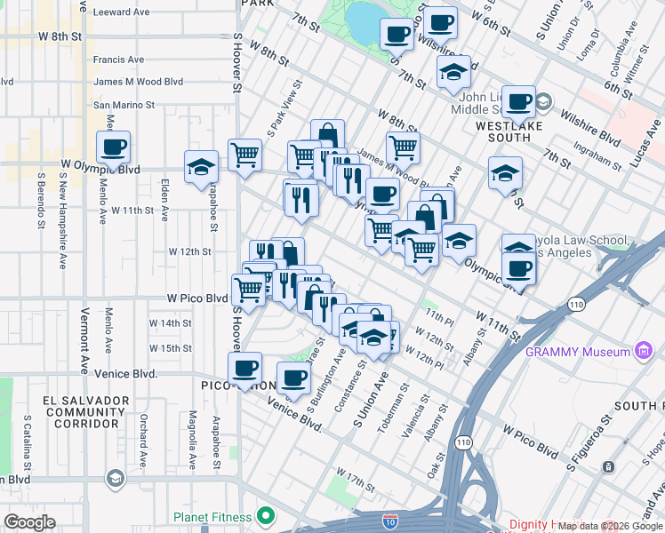 map of restaurants, bars, coffee shops, grocery stores, and more near 1850 West 11th Street in Los Angeles