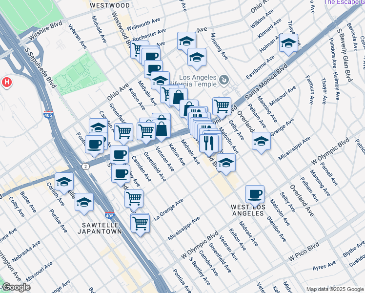 map of restaurants, bars, coffee shops, grocery stores, and more near 1827 Midvale Avenue in Los Angeles