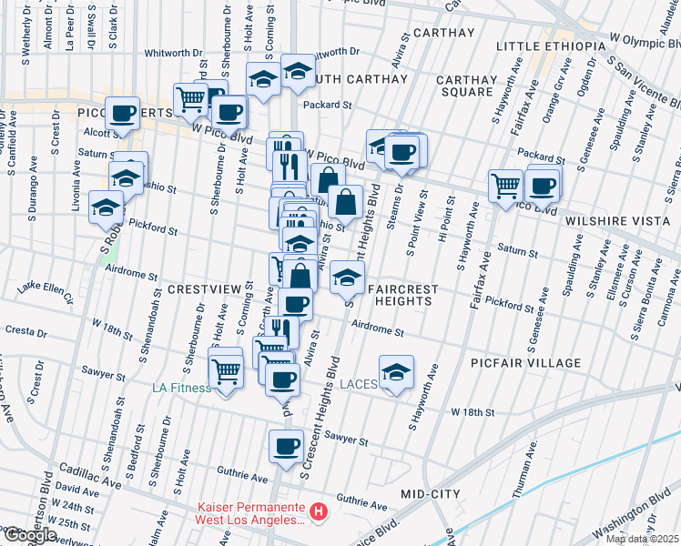 map of restaurants, bars, coffee shops, grocery stores, and more near 6064 Pickford Street in Los Angeles