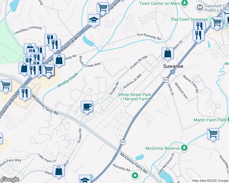 map of restaurants, bars, coffee shops, grocery stores, and more near 816 Scales Road in Suwanee