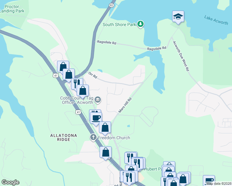 map of restaurants, bars, coffee shops, grocery stores, and more near 3793 Clear Lake Way Northwest in Acworth