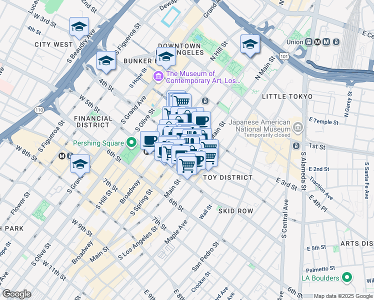 map of restaurants, bars, coffee shops, grocery stores, and more near 408 South Spring Street in Los Angeles