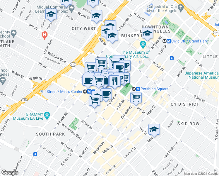 map of restaurants, bars, coffee shops, grocery stores, and more near 611 Wilshire Boulevard in Los Angeles