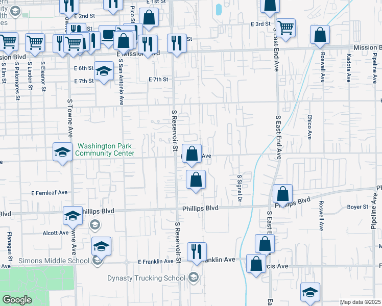map of restaurants, bars, coffee shops, grocery stores, and more near 1258 South Reservoir Street in Pomona