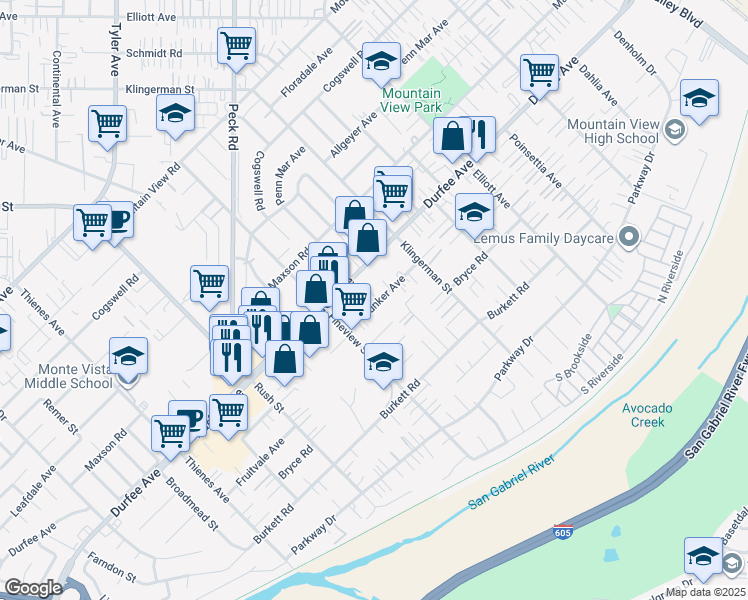 map of restaurants, bars, coffee shops, grocery stores, and more near 2253 Bunker Avenue in El Monte