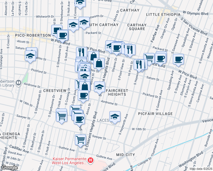 map of restaurants, bars, coffee shops, grocery stores, and more near 6001 Pickford Street in Los Angeles