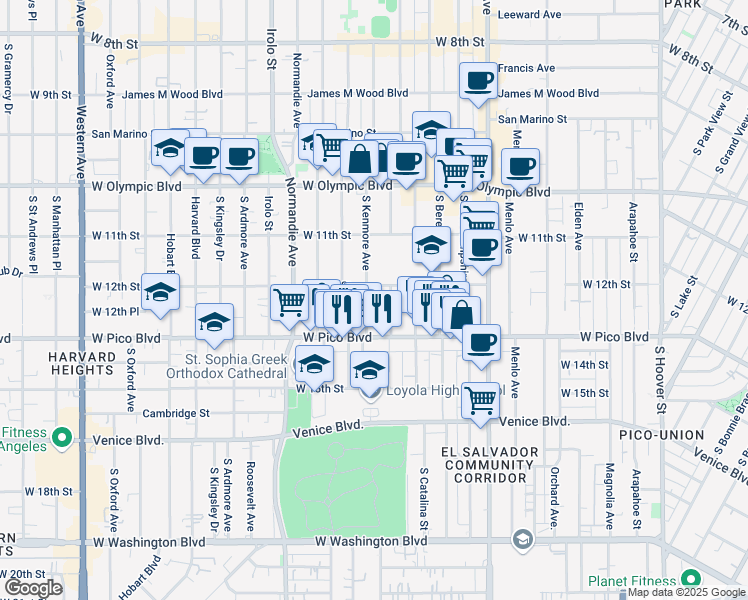map of restaurants, bars, coffee shops, grocery stores, and more near 1215 Dewey Avenue in Los Angeles