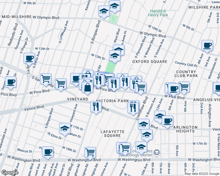 map of restaurants, bars, coffee shops, grocery stores, and more near 1298 Queen Anne Place in Los Angeles