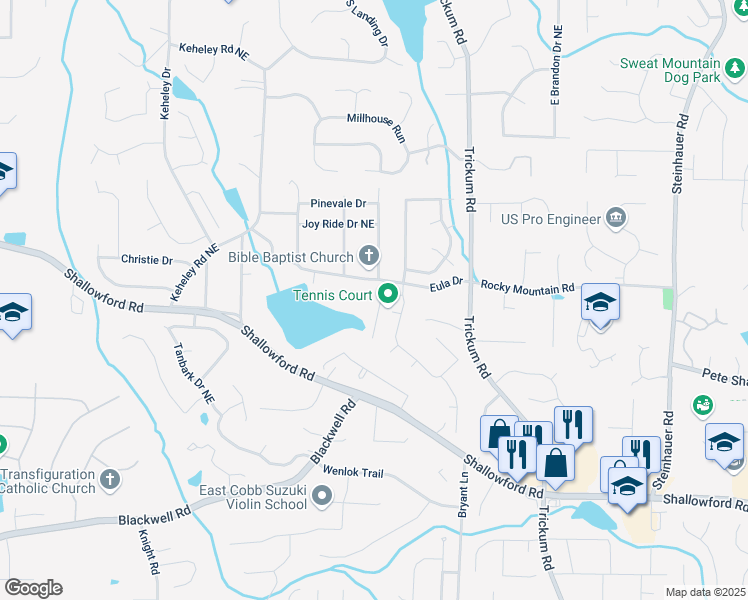 map of restaurants, bars, coffee shops, grocery stores, and more near 4029 Honeytree Lane Northeast in Marietta