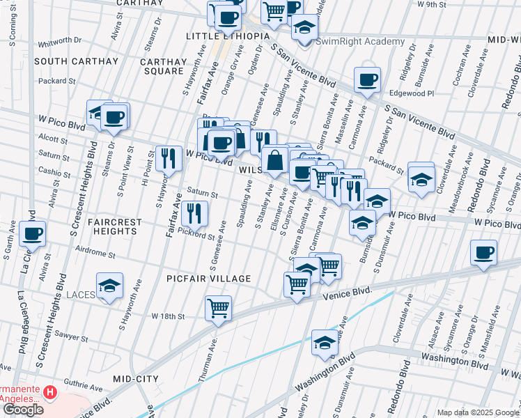 map of restaurants, bars, coffee shops, grocery stores, and more near 1503 South Stanley Avenue in Los Angeles