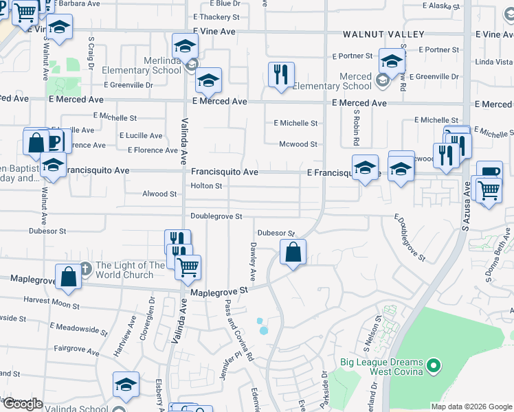 map of restaurants, bars, coffee shops, grocery stores, and more near 16652 Alwood Street in La Puente