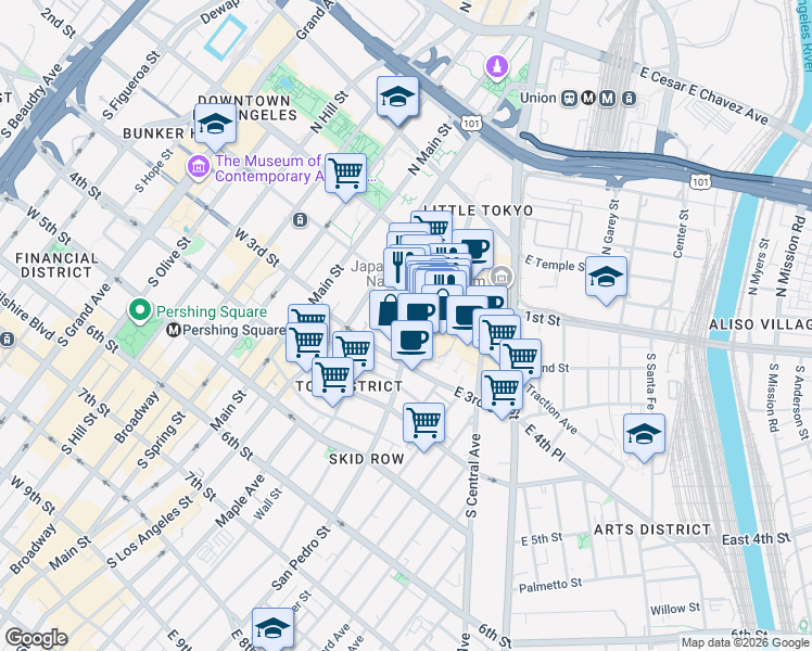 map of restaurants, bars, coffee shops, grocery stores, and more near 312 Azusa Street in Los Angeles