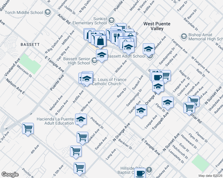 map of restaurants, bars, coffee shops, grocery stores, and more near 716 Tamar Dr in La Puente