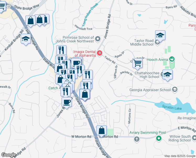 map of restaurants, bars, coffee shops, grocery stores, and more near 245 Saddle Bridge Drive in Alpharetta