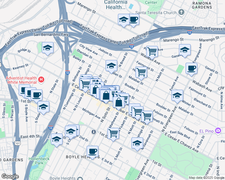map of restaurants, bars, coffee shops, grocery stores, and more near 2342 Folsom Street in Los Angeles