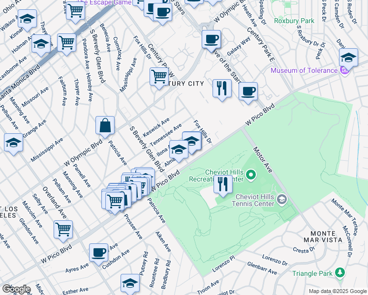 map of restaurants, bars, coffee shops, grocery stores, and more near 10345 Almayo Avenue in Los Angeles