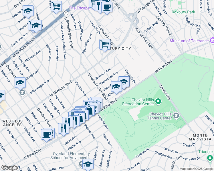 map of restaurants, bars, coffee shops, grocery stores, and more near 10381 Ilona Avenue in Los Angeles