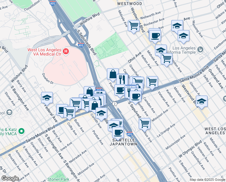 map of restaurants, bars, coffee shops, grocery stores, and more near 1607 Pontius Avenue in Los Angeles